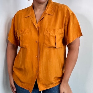 90s Orange Silk Blouse | Silk Box Cut Blouse | Vintage Button Up Shirt | Silk Button Up Blouse | Medium Large