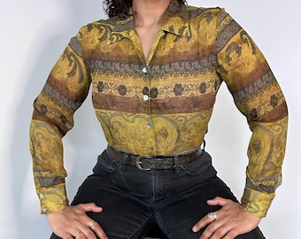 90s Paisley Silk Blouse: Chartreuse Button Up, Size Medium