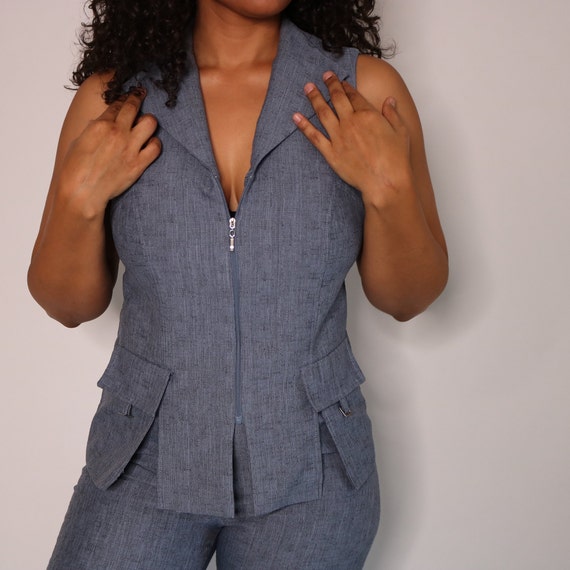 90s does 70s Matching Pant Suit | Steel Blue Matc… - image 3