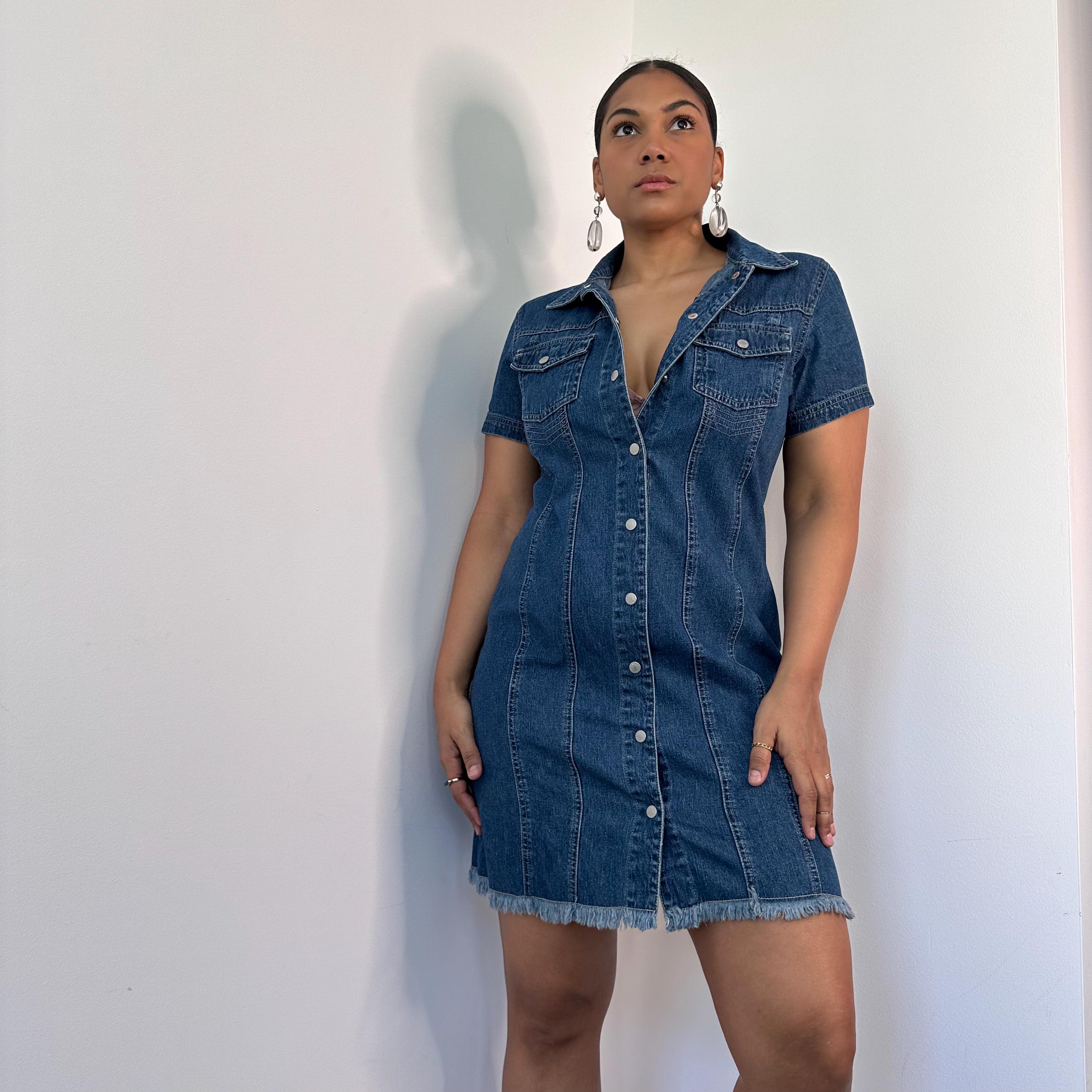 Vintage Y2k Denim Mini Dress with Raw Hem - Snap Button Front | Large