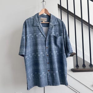 Vintage Silk Button Up | 90s Tropical Silk Shirt | Blue Silk Button Up Shirt | Large