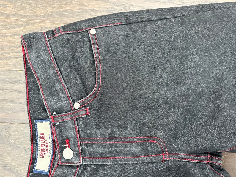 Y2K Black Jeans Red Stitching Details Paris Blues Black Denim Flares Size 7 Medium Made in U.S.A image 5