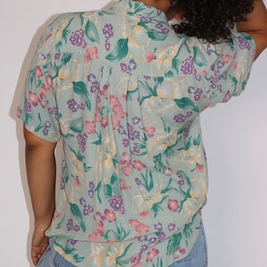 80s Floral Button Up Shirt | Liz Sport Tee | Mint Green Blouse | Large
