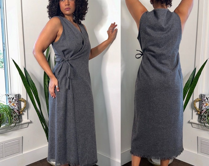 90s Wool Blend Wrap Dress | Fringe Hemline Dress | Grey Wool Wrap Dress ...