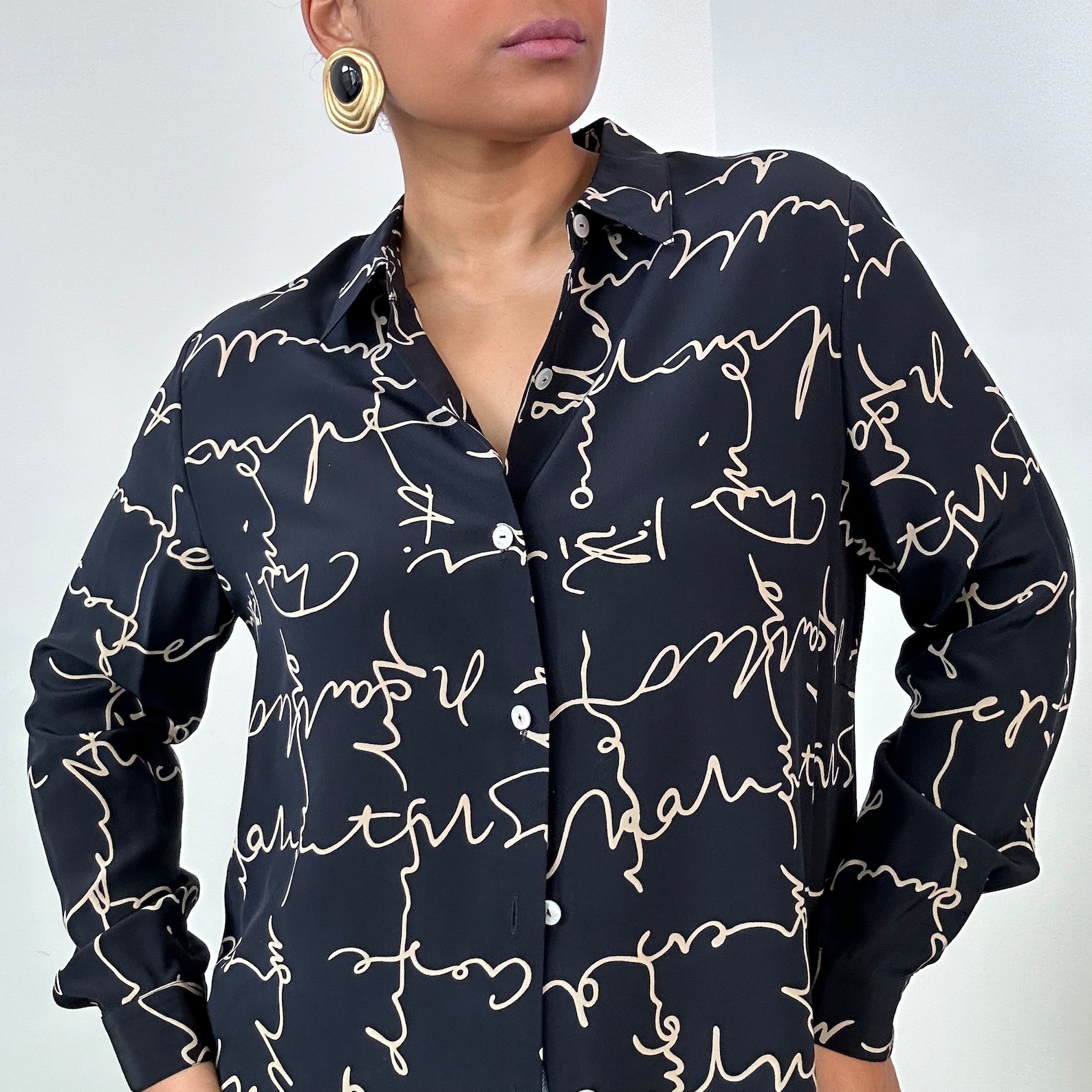 Calligraphy Print Silk Blouse | Deep Navy Silk Button up | Size 14 ...
