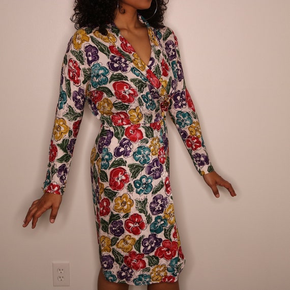 80s Silk Dress | Silk Wrap Dress | Rose Print Sil… - image 3