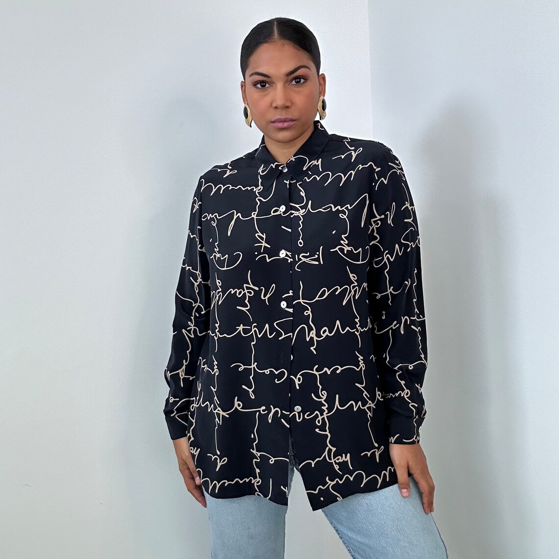 Calligraphy Print Silk Blouse | Deep Navy Silk Button up | Size 14 ...