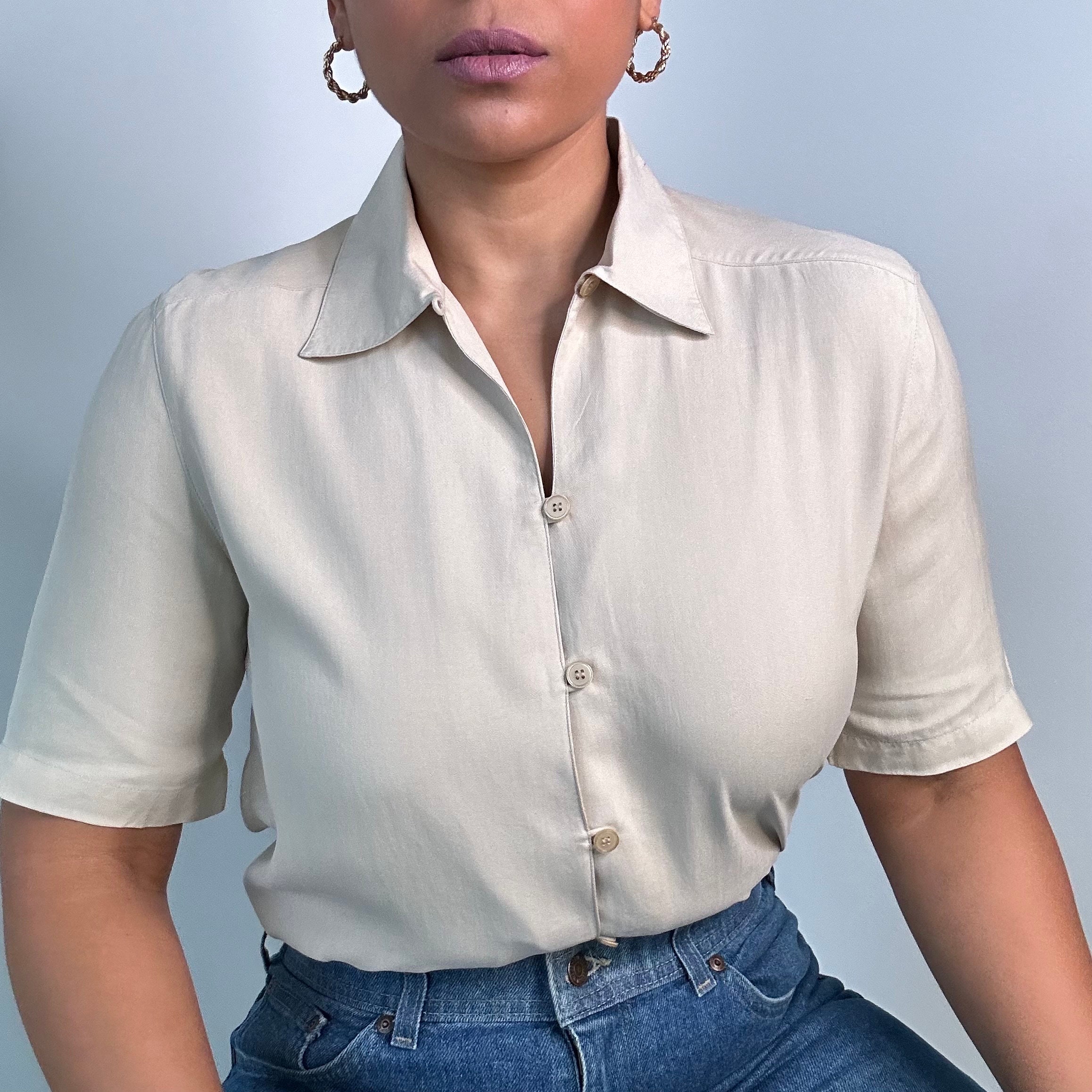 90s Cream Silk Blouse | Mandarin Collar Silk Button up 90s Cream Silk Blouse | Mandarin Collar Silk Button up