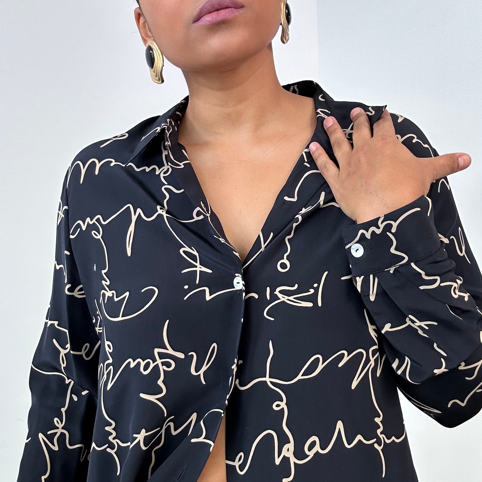 Calligraphy Print Silk Blouse | Deep Navy Silk Button up | Size 14 ...
