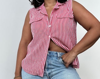 90s Striped Button Up | Red White Tank Top | Button Up Tank Top | Large