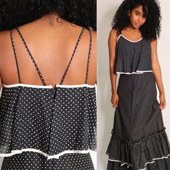 70s Black Maxi Dress | Polka Dot Maxi Dress | Ruff