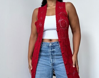 90s Crotchet Vest | Vintage Silk Crotchet Vest | Vintage Crotchet Dress | Pink Red Handmade Knit Dress | Festival Vest | Coachella Dress