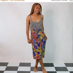 Medium 80s Jumbo Brocade Floral Print Pencil Skirt Contrasting Color Ornate Blue Green Tan 4 6 Waist 27 28 29 image 2