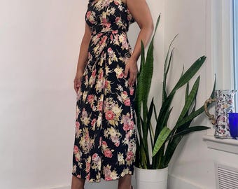 90s Floral Rayon Wrap Dress: Vintage Black Pink Purple Tank Dress, Size 10