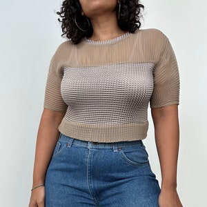 Y2K Caché Blouse | Taupe Sheer Pleated Blouse | Medium Large