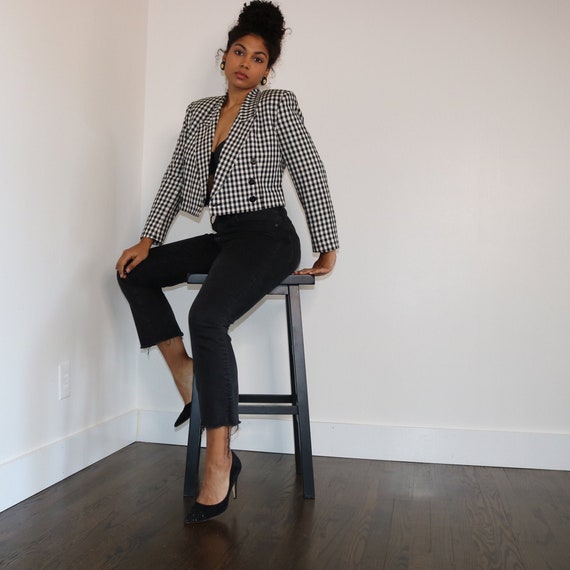 90s Cropped Blazer | Checked Blazer | Black and Wh