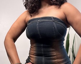 Y2K Strapless Denim Dress: High Low Hem, Coffee Stain Detail