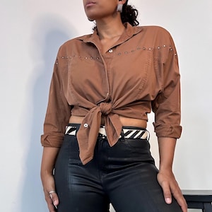 80s Western Studded Button Up | Cinnamon Cotton Shirt | Small Medium