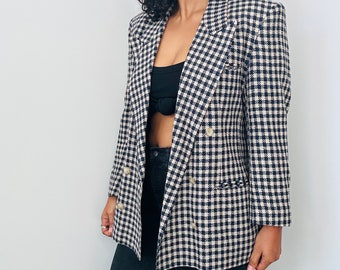 80s Checkered Print Blazer | 80s Austin Reed Silk Blazer | Vintage Blue and Beige Blazer | Double Breast Blazer | Size 12 Large