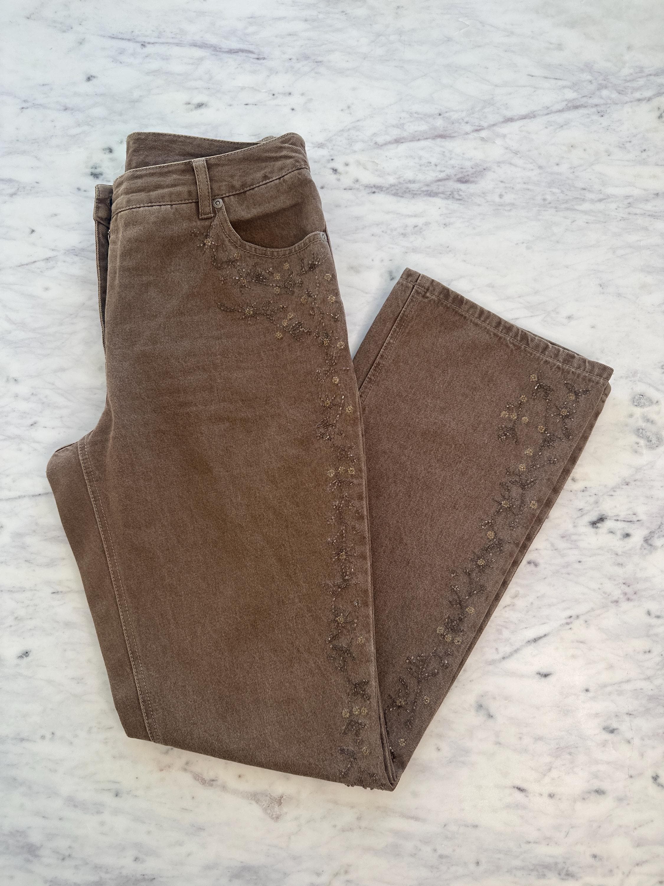 Y2K Beaded Taupe Jeans Jeanology Straight Leg Denim (Size 8)