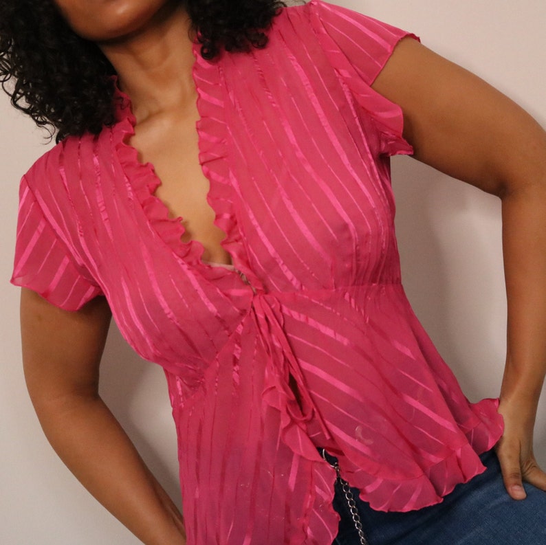 Y2K Hot Pink Blouse Vintage Ruffle Blouse Sheer Pink Blouse Y2K Tie Up Blouse Medium Large image 5