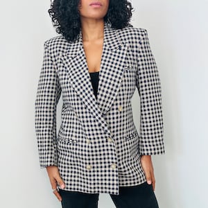 80s Checkered Print Blazer | 80s Austin Reed Silk Blazer | Vintage Blue and Beige Blazer | Double Breast Blazer | Size 12 Large