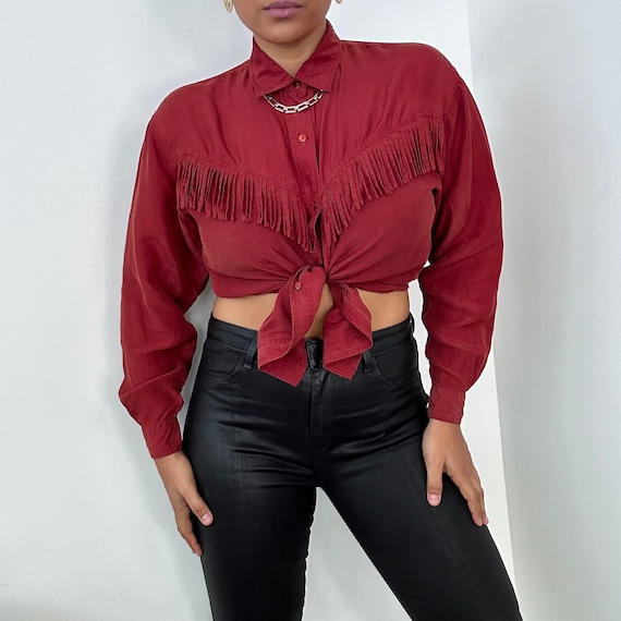 Vintage 90s Silk Fringe Blouse: Western Cowboy Shirt, Medium