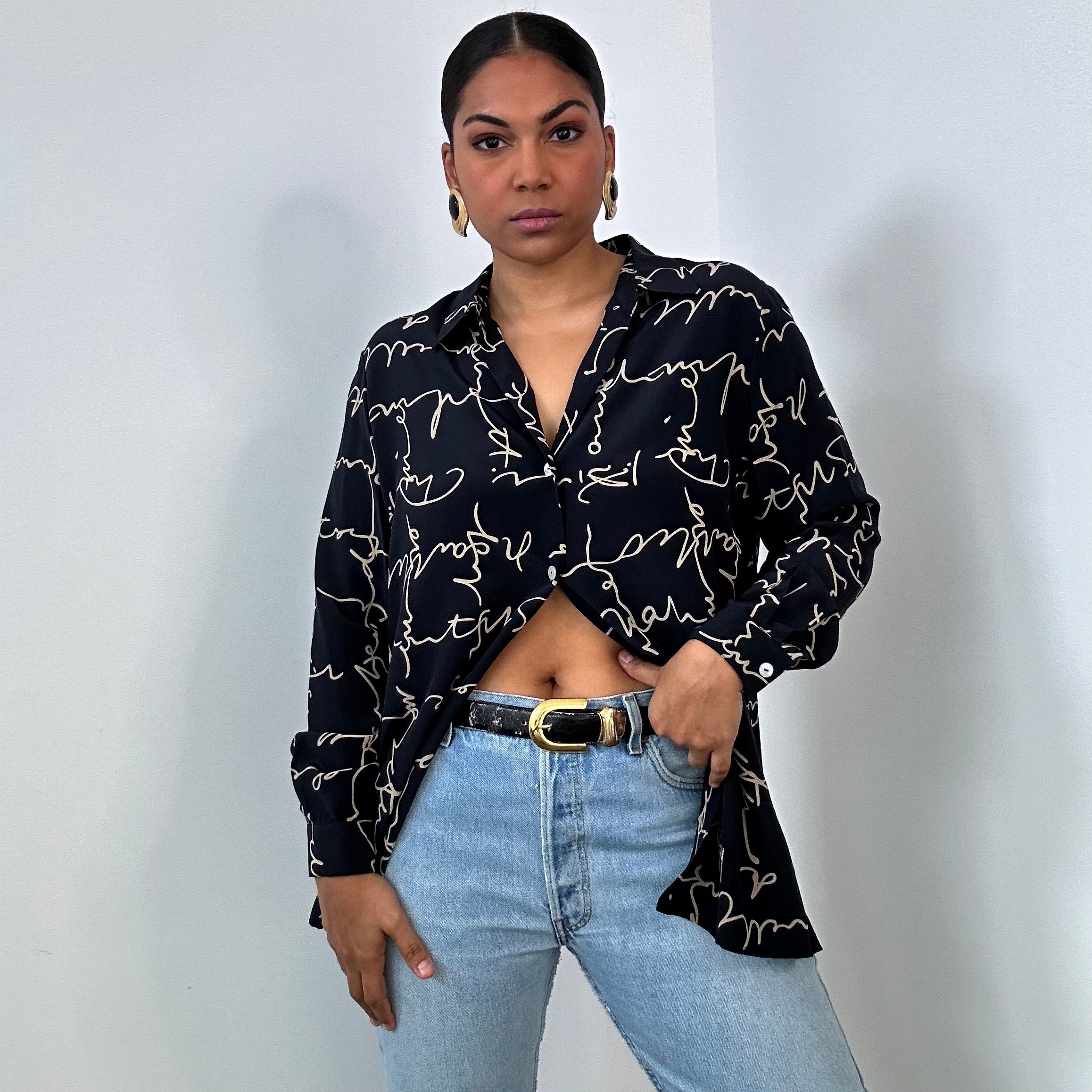 Calligraphy Print Silk Blouse | Deep Navy Silk Button up | Size 14 ...