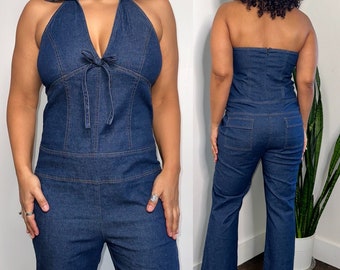 Y2K Does 70s Jumpsuit | Wide Leg Denim Jumpsuit | Halter Top Denim Jumpsuit | Plus Size Extra Large Size 10