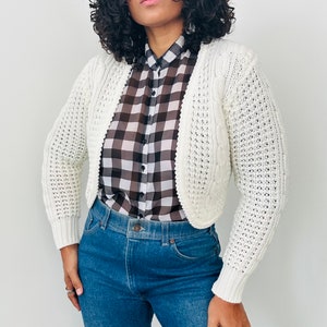 70s Cream Cardigan | Vintage Open Front Crochet Cardigan | Mixed Knit Cream Cardigan | Vintage Cream Crop Cardigan | Small Medium