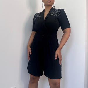 80s Black Romper with Embroidered Shoulders