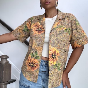 90er Jahre Floral und Karo Mixed Print Button Up | Mittelgroß