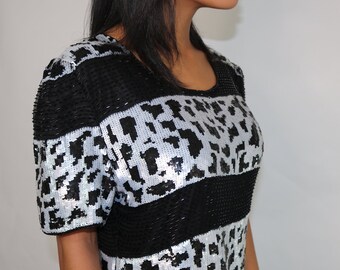 80s Sequin Cocktail Dress: Animal Print, Silver & Black, Size 8