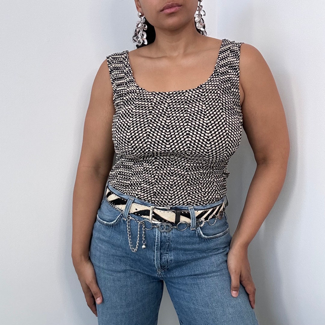 Y2K Black and White Tank | Vintage Pleated Stretch Tank Top | Size 