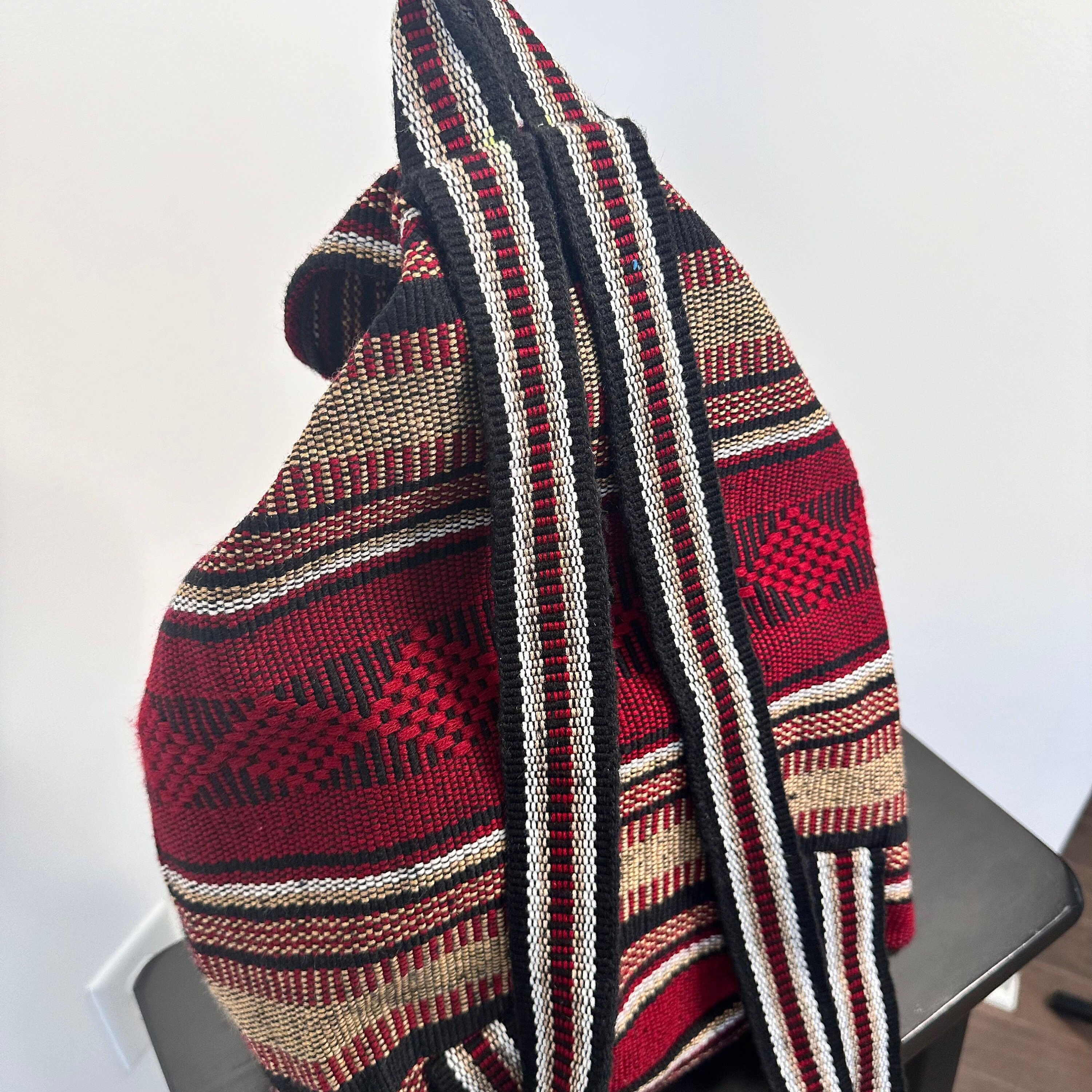 90s Tribal Aztec Print Cloth Backpack in Red Black and White  display picture 3