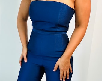 90s Matching Set | Blue Strapless Top Cigarette Pants | Vintage Deep Blue Jumpsuit | Navy Blue Jumpsuit | Corset Pant Set | Size 10 Large