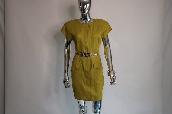 80s Linen Dress | Chartreuse Shift Dress | Minimal