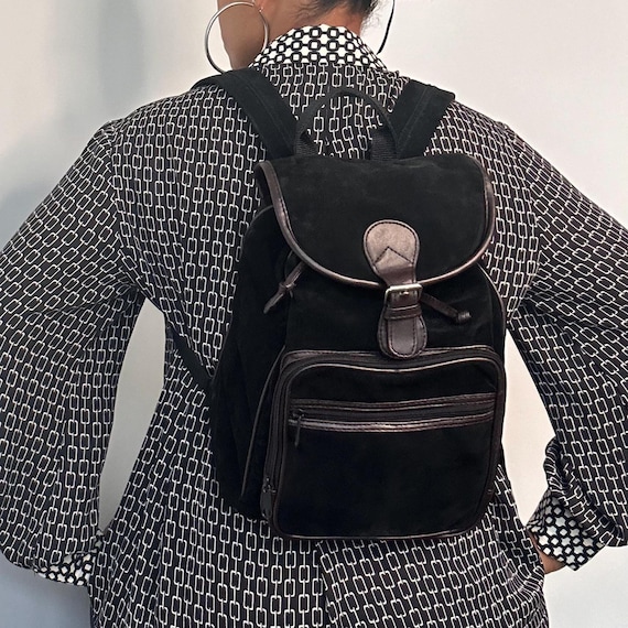 black leather and suede backpack 90s Black and Chocolate Brown Suede Leather Backpack