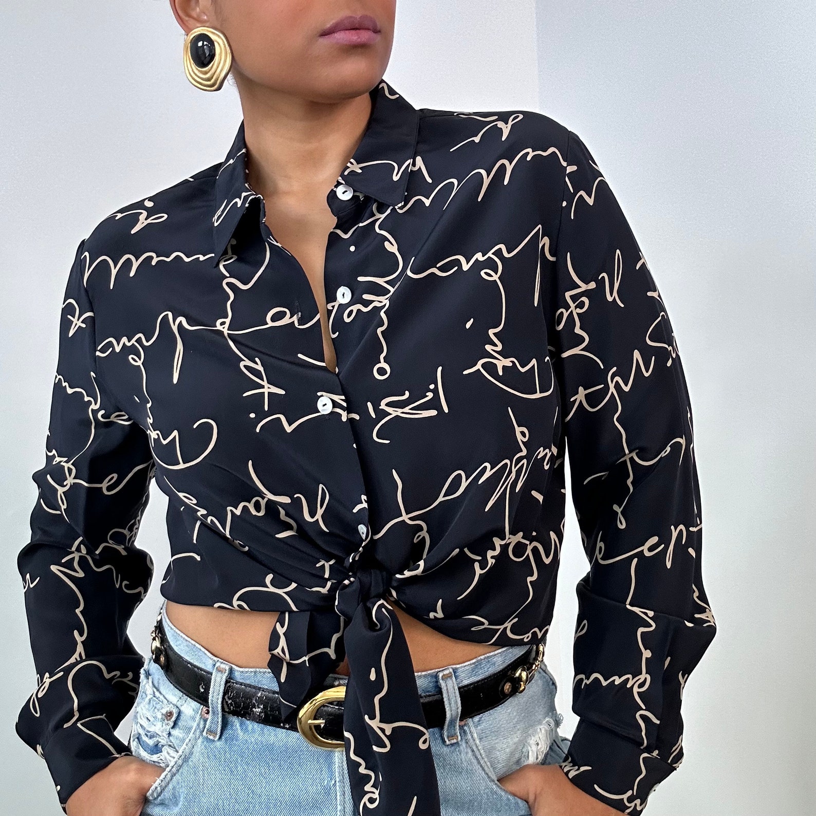 Calligraphy Print Silk Blouse | Deep Navy Silk Button up | Size 14 ...