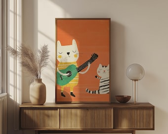 Eclectic Cat Nursery Wall Art Digital Download, Whimsical Cat Printable Poster for Kids Room Decor, Boho Animal Print Instant Art