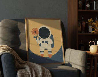 Arte da parete minimalista per bambini con astronauta, download digitale / Stampabile per cameretta dei bambini a tema spaziale / Poster moderno per camera da letto per bambini con esploratore spaziale