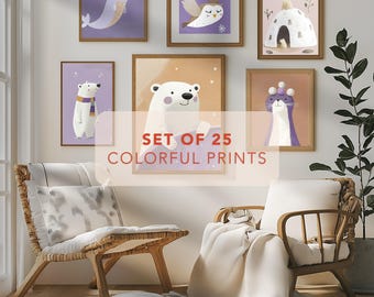 Winter Nursery Wall Art Printable Set of 25, Baby Animal Digital Download Prints for Kids Room Decor, Arctic Creatures Nursery Decor