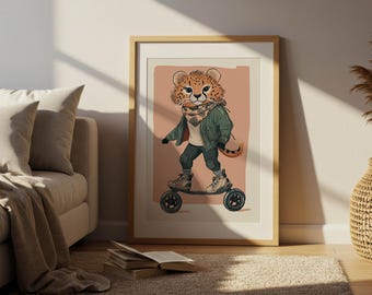 Quirky Cheetah Nursery Wall Art Printable, Digital Download Jungle Animal Print for Kids Room Decor, Safari Baby Room Poster Illustration