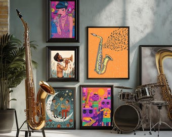 Colorful Jazz Wall Art Printable Download | Retro Saxophone Music Print | Modern Jazz Musician Poster | Jazz Club Home Decor for Wall