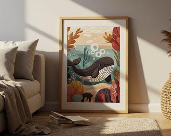 Kleurrijke walvis kinderkamer muur kunst afdrukbare, digitale oceaan dierenprint voor decor van de babykamer, schattige walvis poster downloaden voor kinderkamer