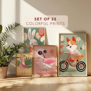 Colorful Quirky Animal Nursery Wall Art Printable Set - Digital Download Kids Room Decor - Playful Baby Room Prints - Fun Animal Posters