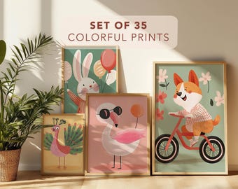 Colorful Quirky Animal Nursery Wall Art Printable Set - Digital Download Kids Room Decor - Playful Baby Room Prints - Fun Animal Posters