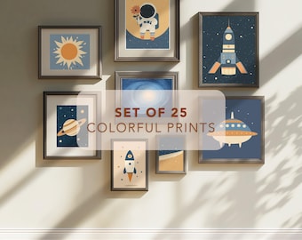 Minimalist Space Nursery Wall Art Set of 25 Prints Digital Download | Outer Space Printable Art for Kids Room | Neutral Baby Room Decor