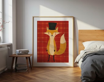 Quirky Fox Nursery Wall Art Printable, Cute Forest Animal Digital Download, Whimsical Woodland Baby Room Decor, Kids Fox Art Poster