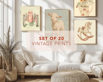 Vintage Nursery Wall Art Prints Set of 20 Digital Download Boho Baby Room Decor Printable Animal Posters Gender Neutral Kids Room Art